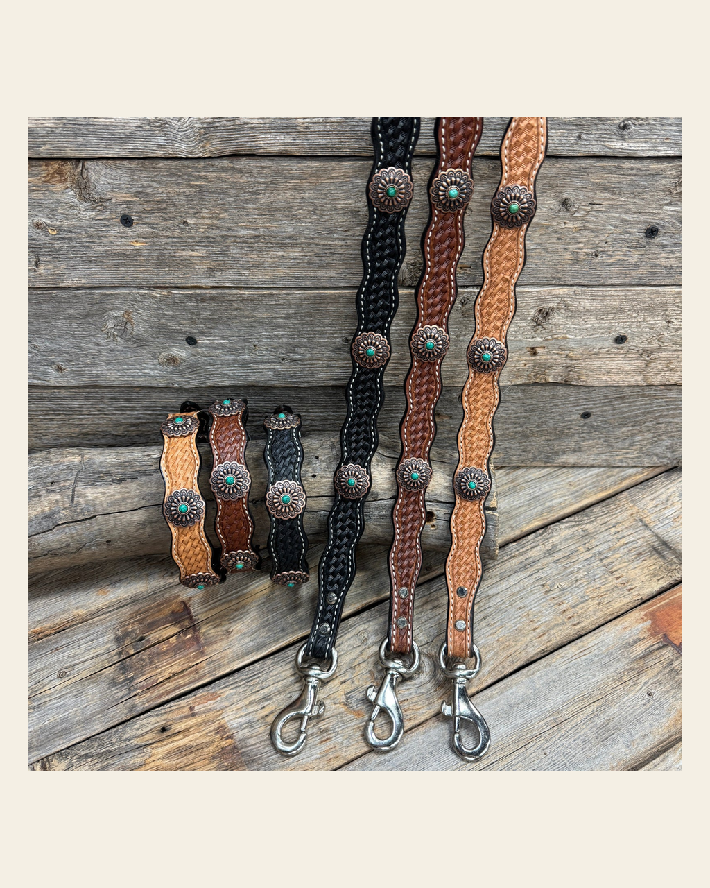 Genuine Leather Dog Collar or Leash With Copper Green Turquoise Conchos 10" to 22" W103S -DC51 on a warm cream background
