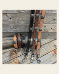 Genuine Leather Dog Collar or Leash With Copper Green Turquoise Conchos 10" to 22" W103S -DC51 on a warm cream background