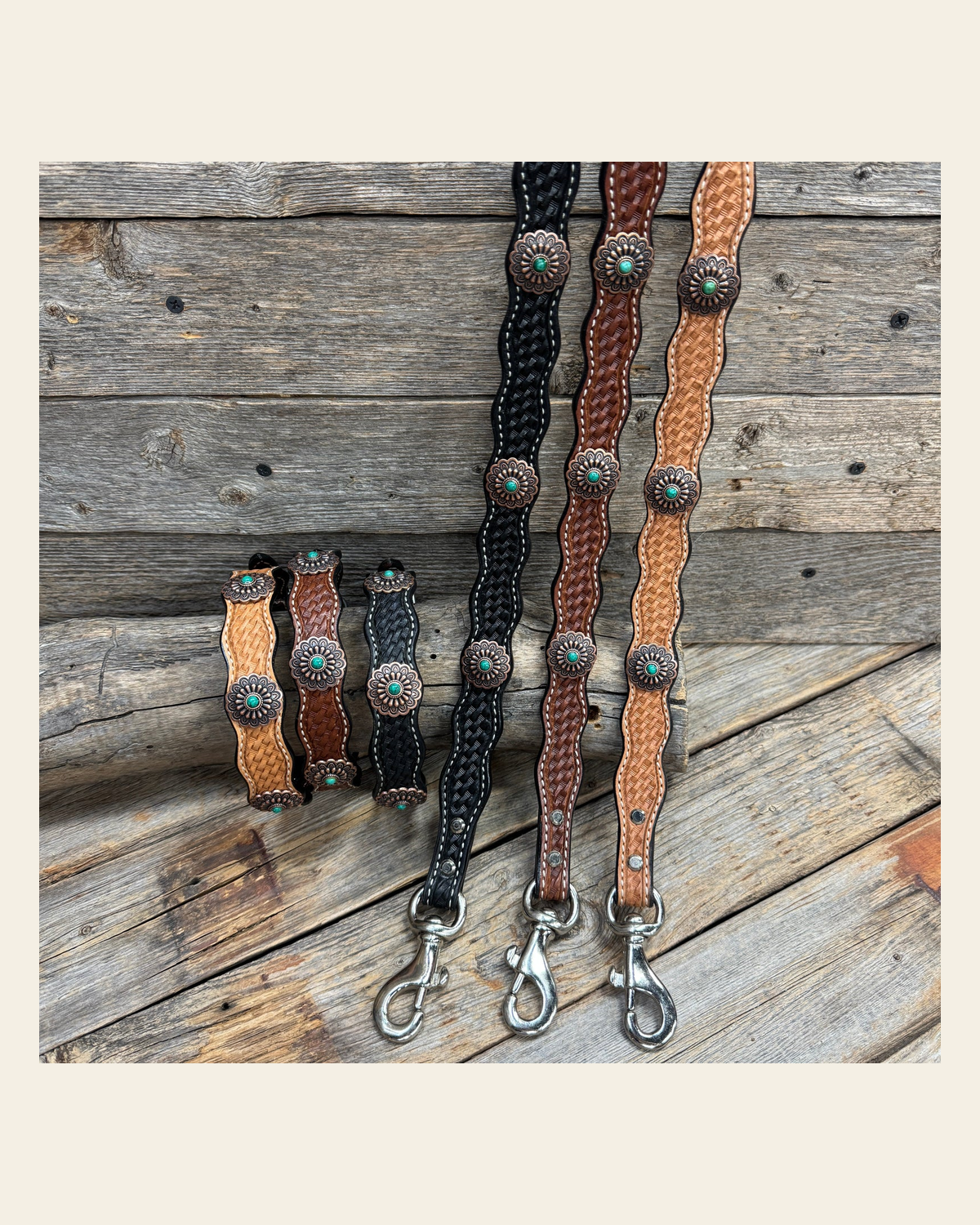 Genuine Leather Dog Collar or Leash With Copper Green Turquoise Conchos 10" to 22" W103S -DC51 on a warm cream background