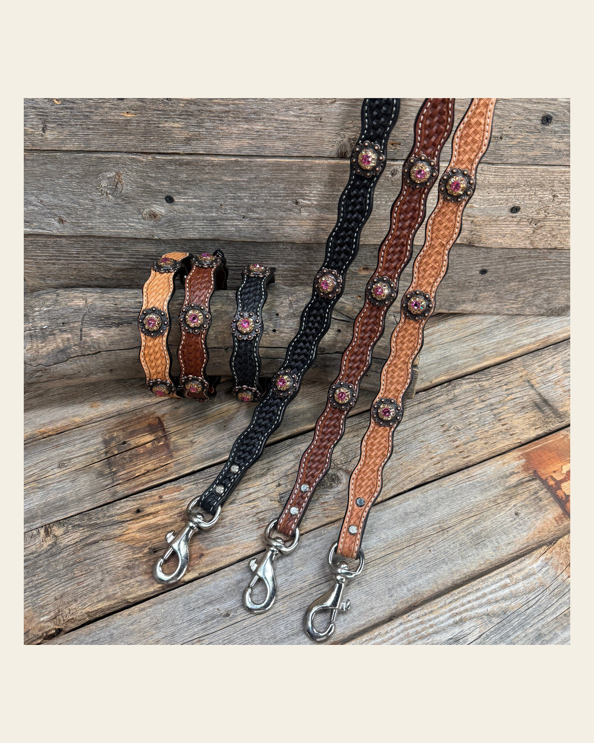 Genuine Leather Dog Collar or Leash With Copper Pink and Champagne Conchos 10" to 22" orDC36 on a warm cream background