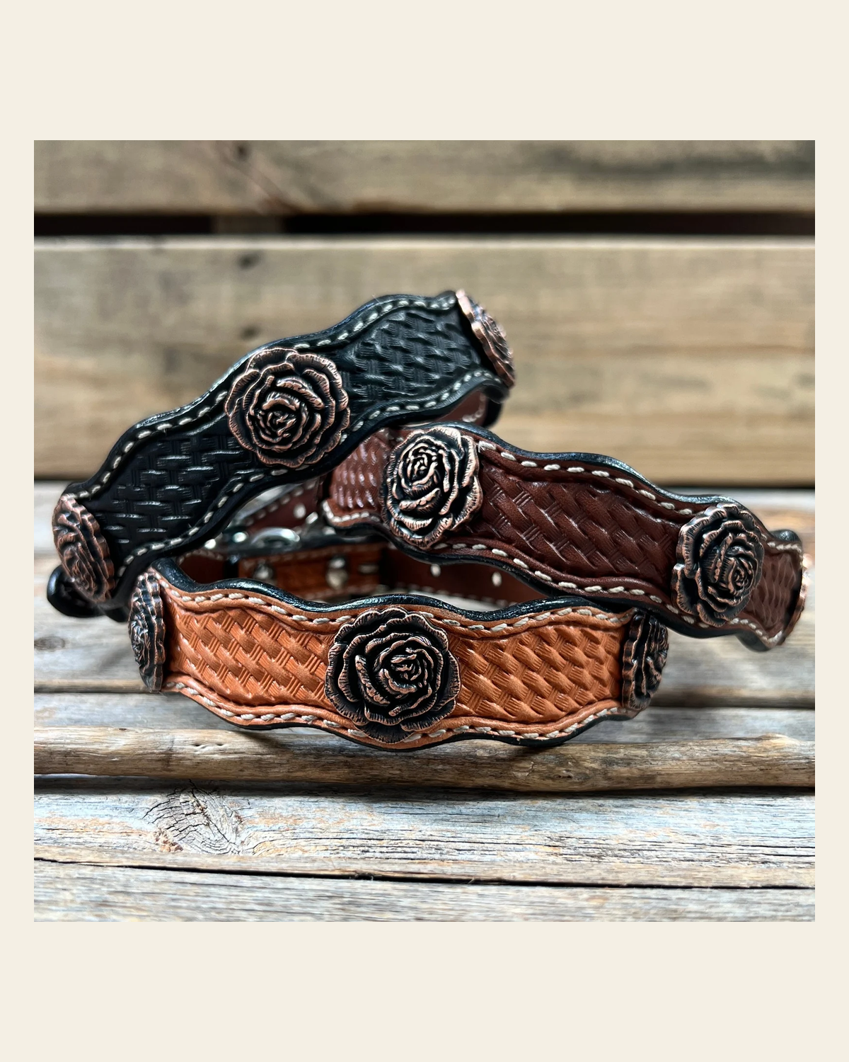 Genuine Leather Dog Collar With Copper Rose Conchos 10" to 22" W107S -DC61 on a warm cream background