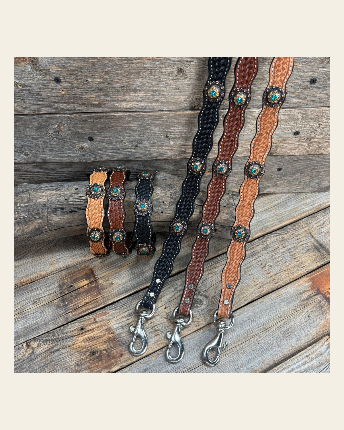 Genuine Leather Dog Collar or Leash With Copper Teal and Champagne Conchos 10" to 22" orDC24 on a warm cream background