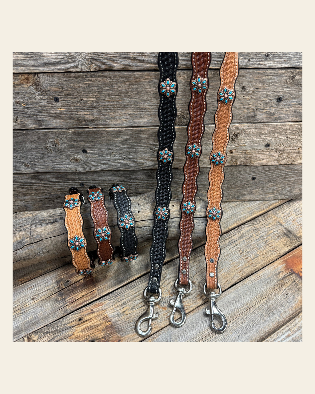 Genuine Leather Dog Collar or Leash With Copper Turquoise Flower Conchos 10" to 22" W207S -DC56 on a warm cream background