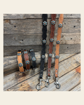 Genuine Leather Dog Collar or Leash With Copper Turquoise Flower Conchos 10" to 22" W207S -DC56 on a warm cream background