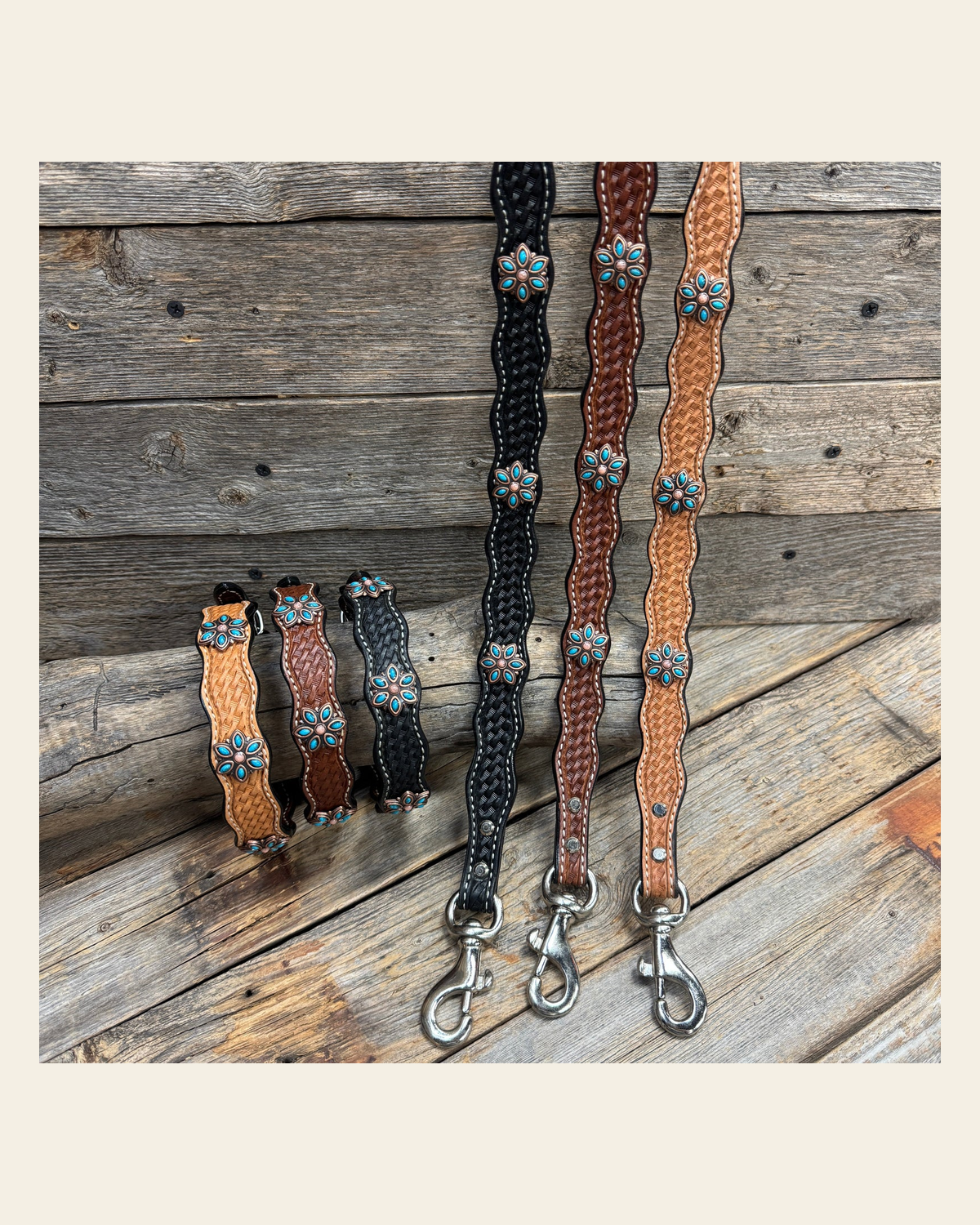 Genuine Leather Dog Collar or Leash With Copper Turquoise Flower Conchos 10" to 22" W207S -DC56 on a warm cream background