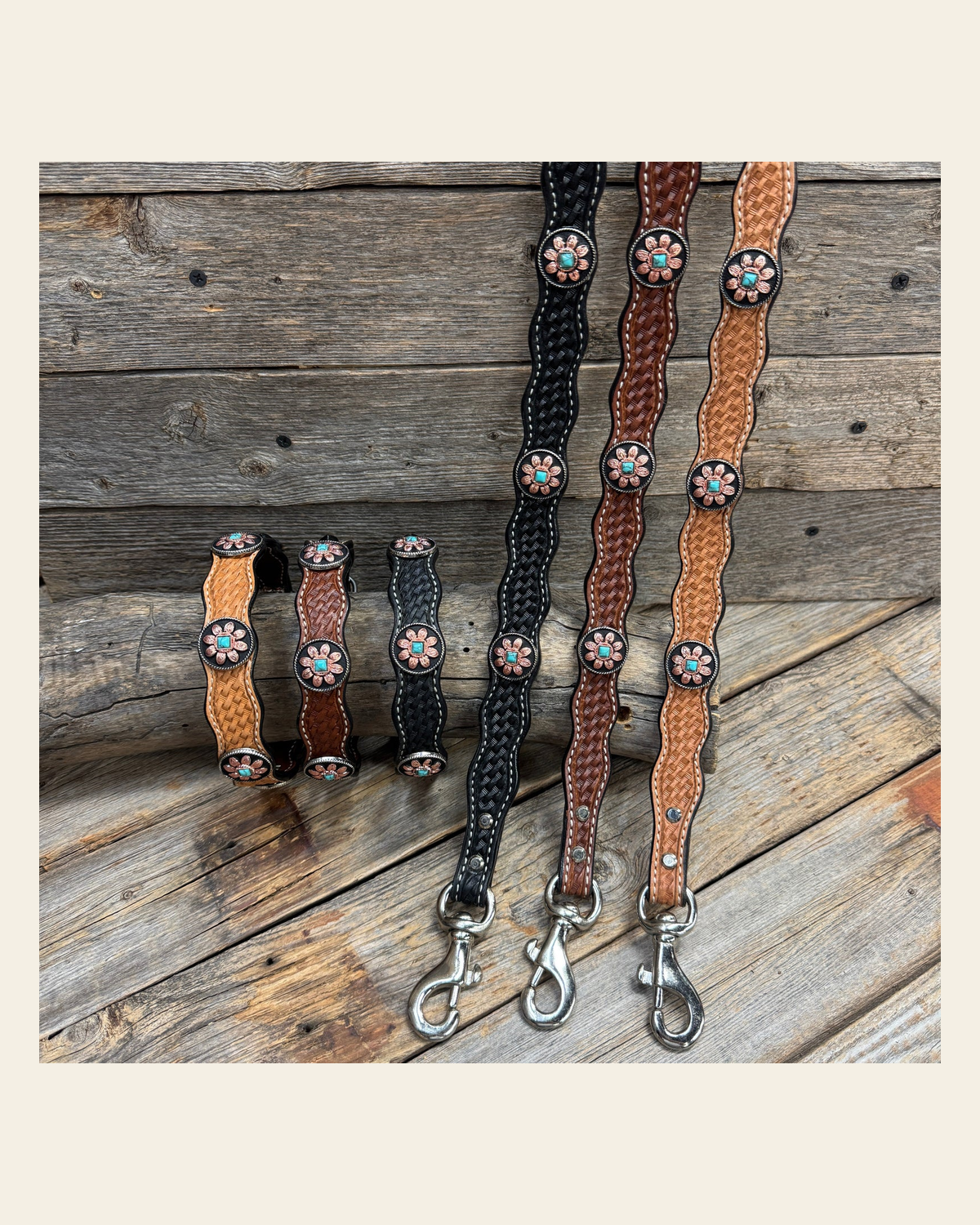 Genuine Leather Dog Collar or Leash With Copper Turquoise Sunflower Conchos 10" to 22" W188S orDC1006 on a warm cream background