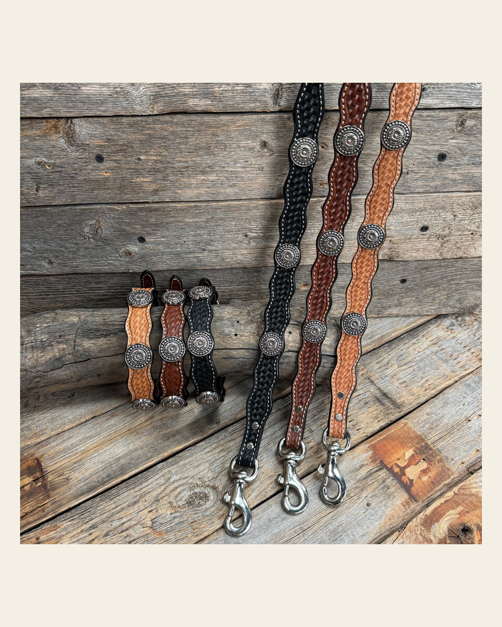 Genuine Leather Dog Collar or Leash With Flower and Dot Conchos 10" to 22" W230S -DC70 on a warm cream background