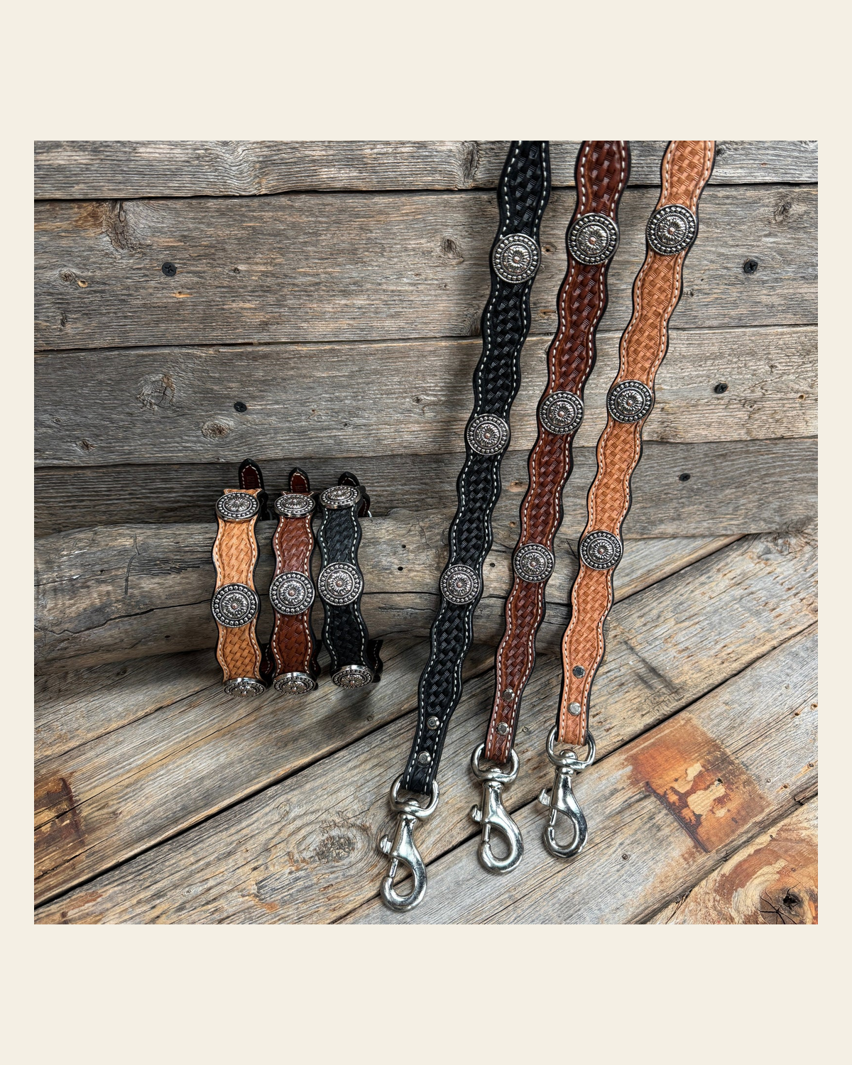 Genuine Leather Dog Collar or Leash With Flower and Dot Conchos 10" to 22" W230S -DC70 on a warm cream background