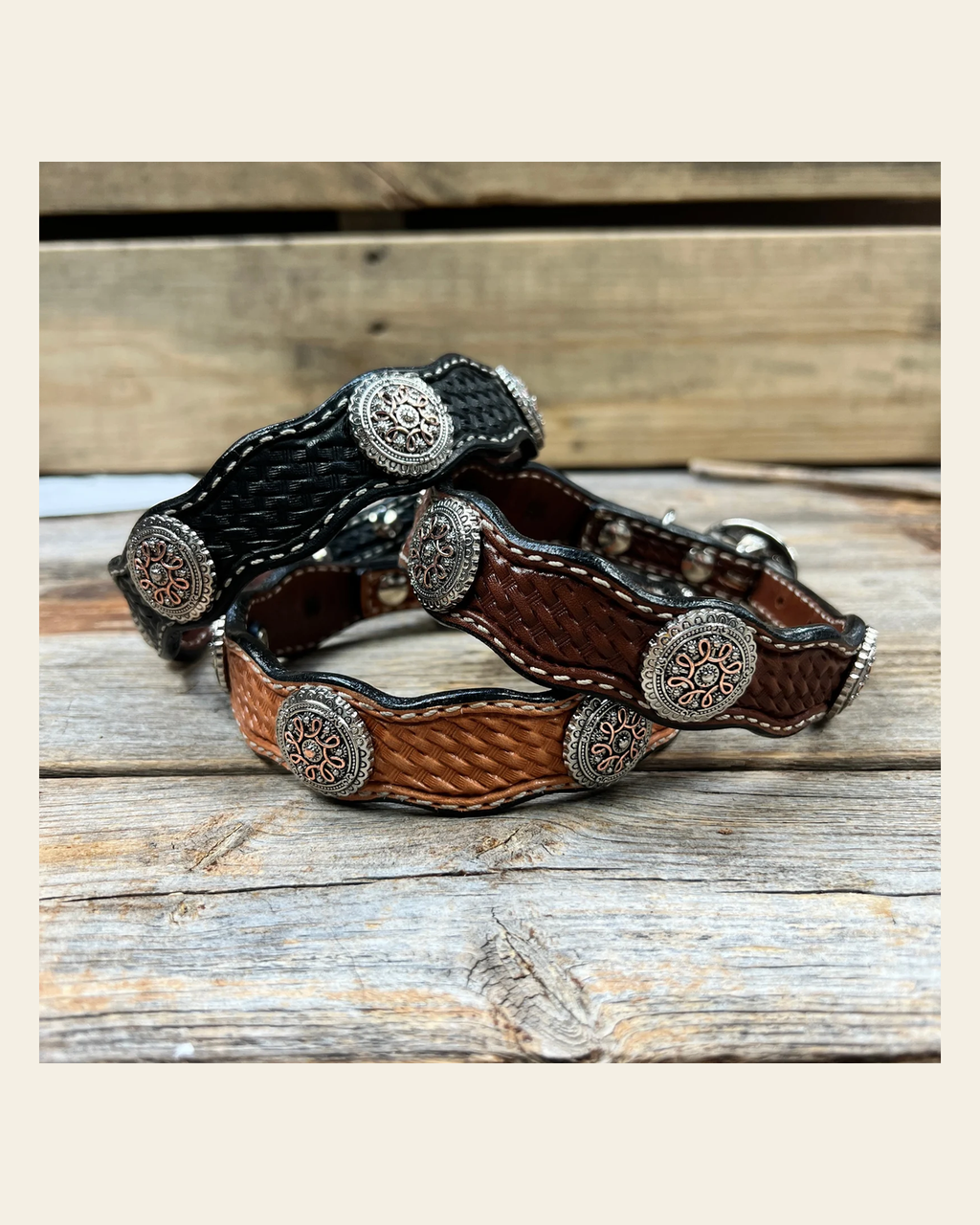 Genuine Leather Dog Collar With Flower and Loops Conchos 10" to 22" W235S -DC68 on a warm cream background
