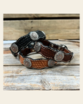 Genuine Leather Dog Collar With Flower and Loops Conchos 10" to 22" W235S -DC68 on a warm cream background