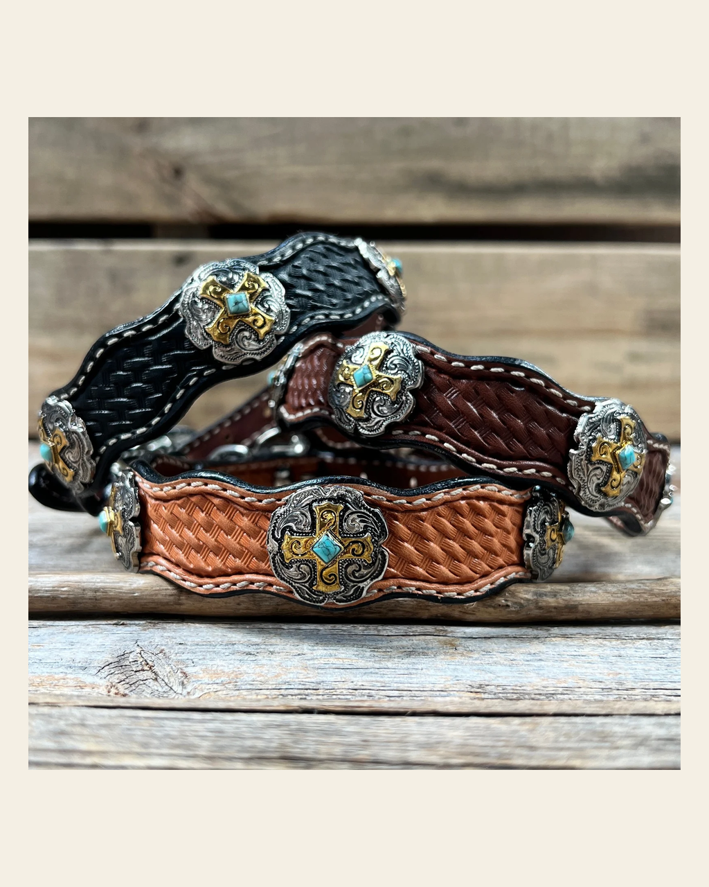 Genuine Leather Dog Collar With Gold Cross Conchos 10" to 22" W189S -DC63 on a warm cream background