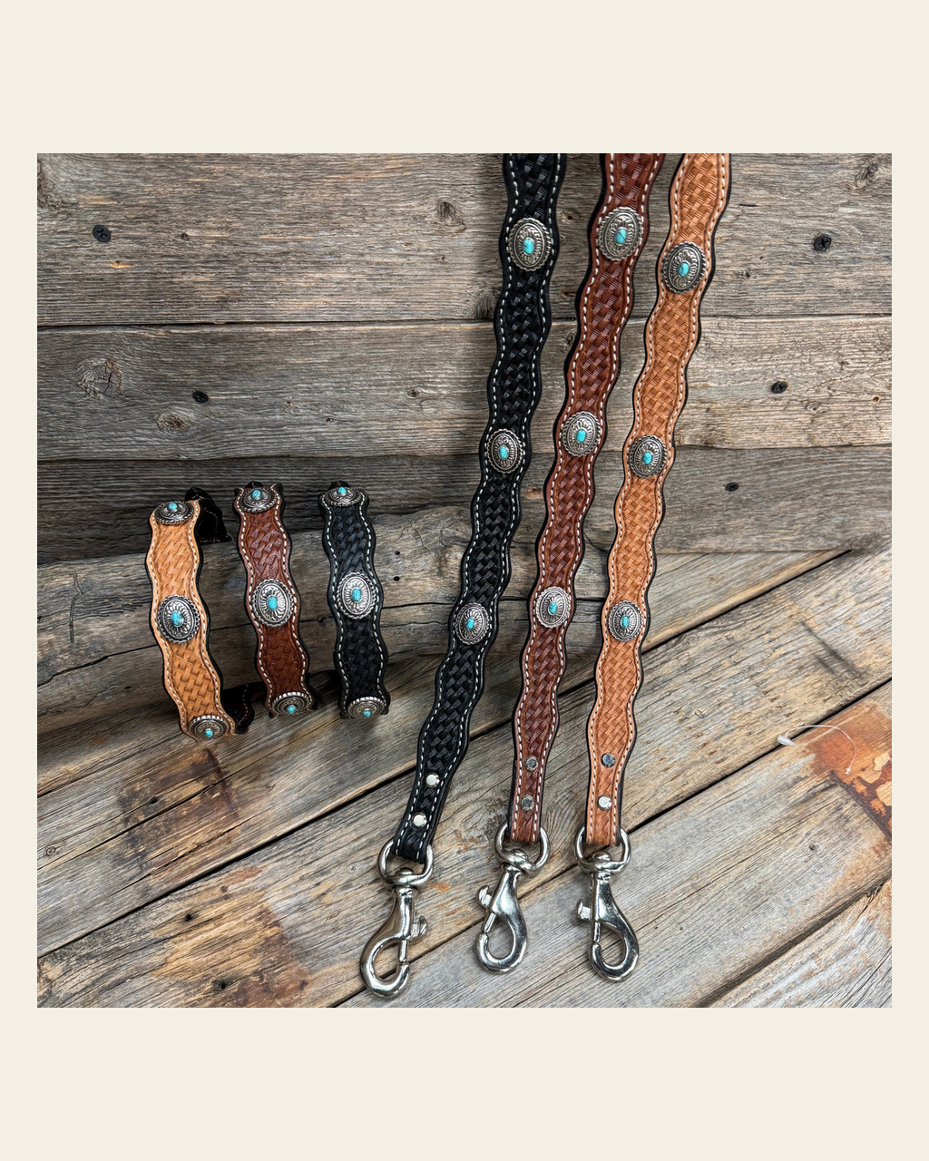 Genuine Leather Dog Collar or Leash With Antique Silver Oval Conchos 10" to 22" W237S|DC66 on a warm cream background