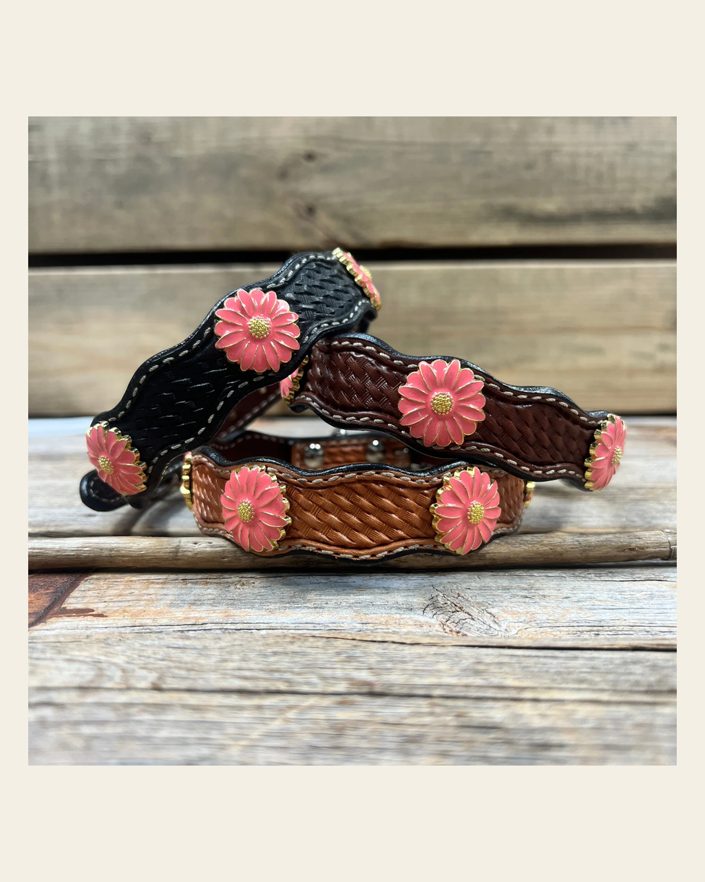 Genuine Leather Dog Collar With Pink Flower Conchos 10" to 22" W228S -DC72 on a warm cream background