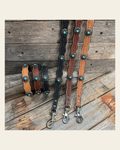 Genuine Leather Dog Collar or Leash With Turquoise Flower Conchos 10" to 22" W231S -DC69 on a warm cream background