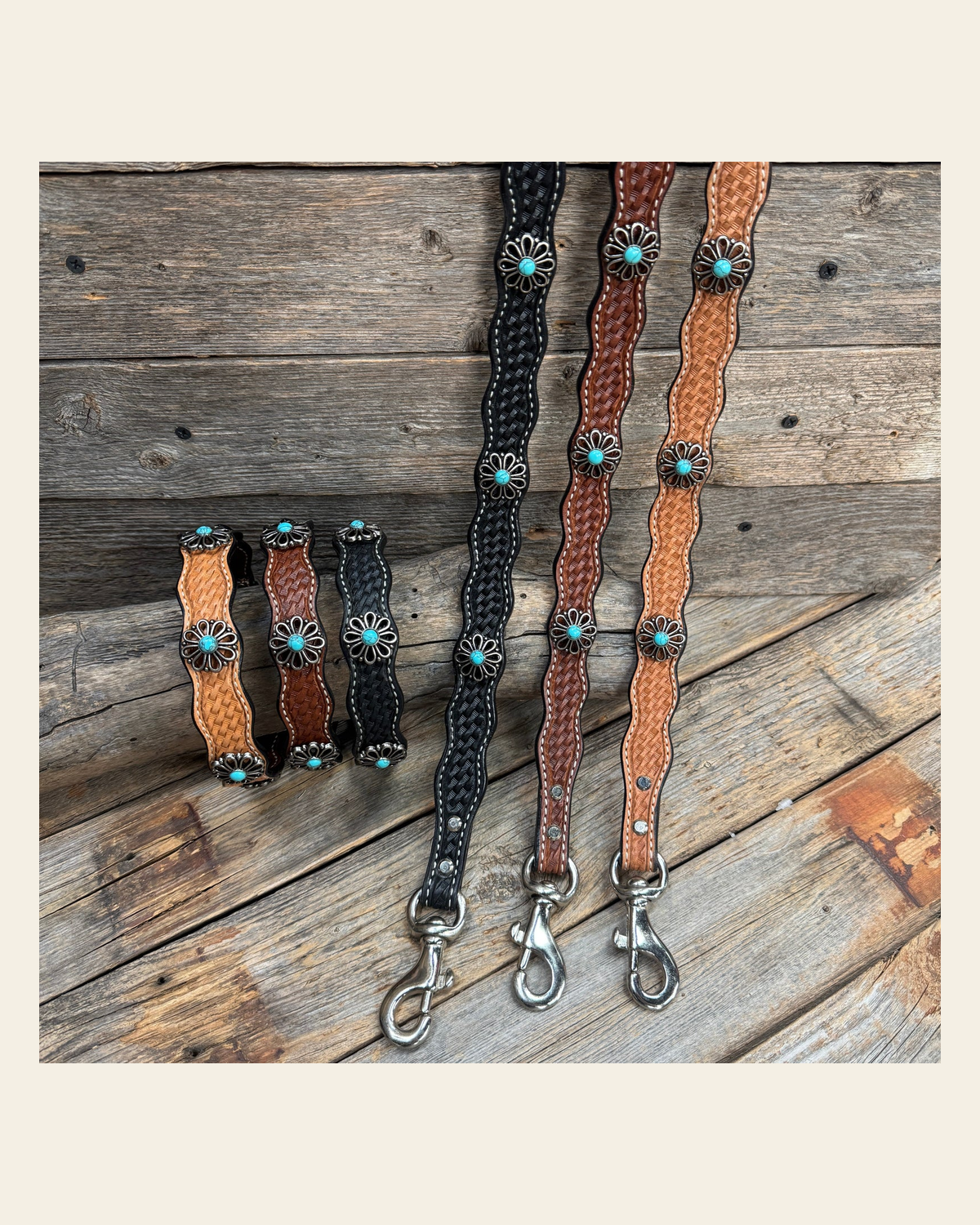 Genuine Leather Dog Collar or Leash With Turquoise Flower Conchos 10" to 22" W231S -DC69 on a warm cream background