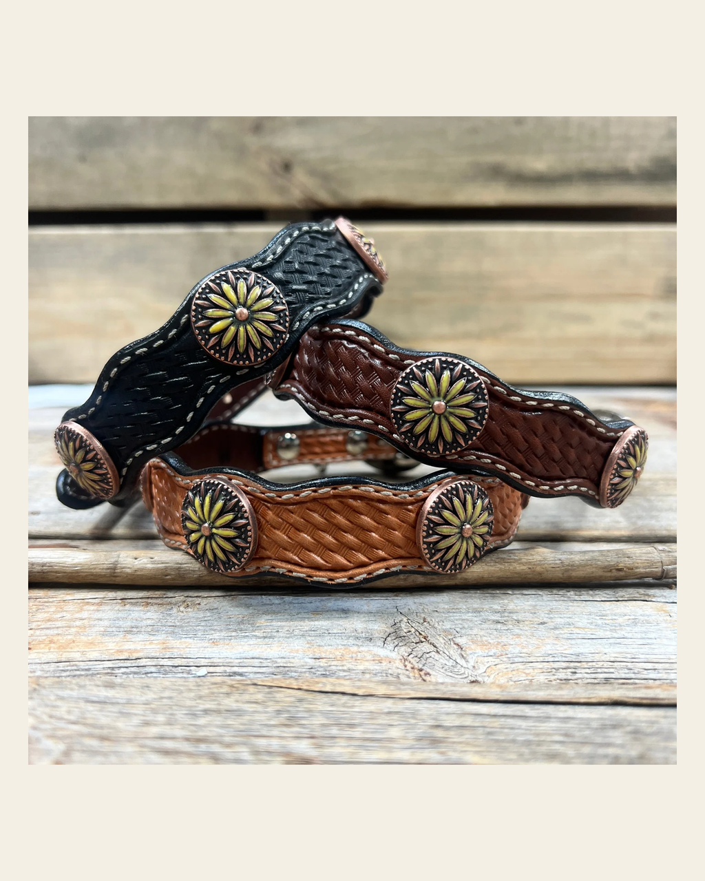 Genuine Leather Dog Collar With Yellow Daisy Conchos 10" to 22" W229S -DC71 on a warm cream background