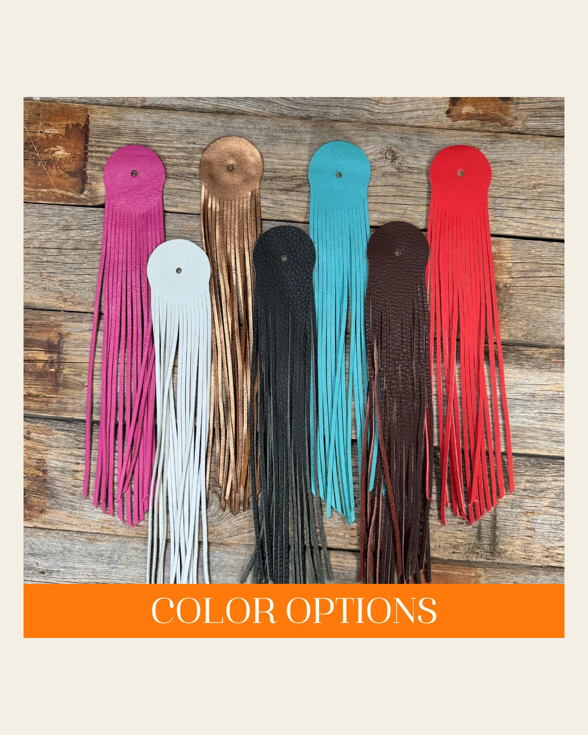 Leather Fringe - Assorted Colors on a warm cream background