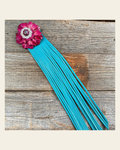 Leather Pink Carnation with Turquoise Fringe on a warm cream background