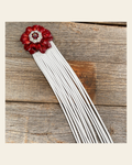 Leather Red Carnation with White Fringe on a warm cream background