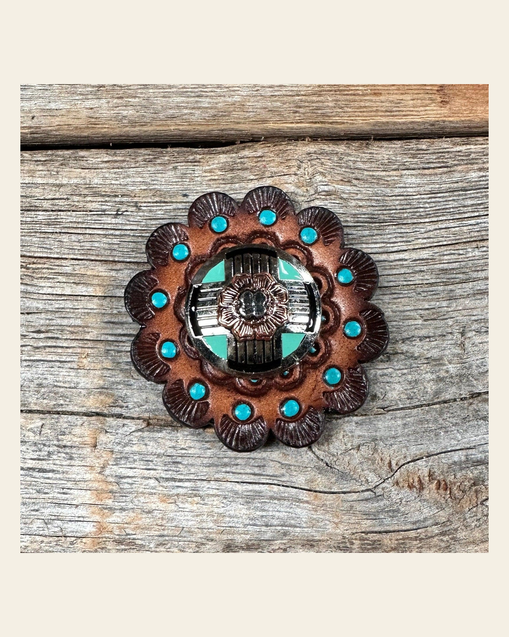 Leather Rosette Dark Oil Edges with Antique Silver and Copper Flower Western Concho R112W190S on a warm cream background