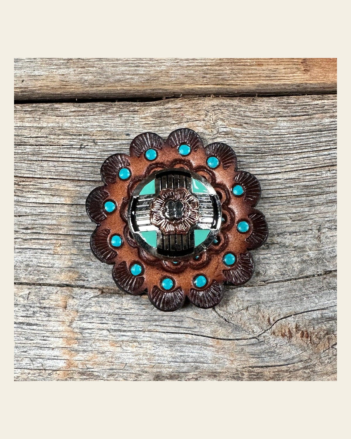 Leather Rosette Dark Oil Edges with Antique Silver and Copper Flower Western Concho R112W190S on a warm cream background
