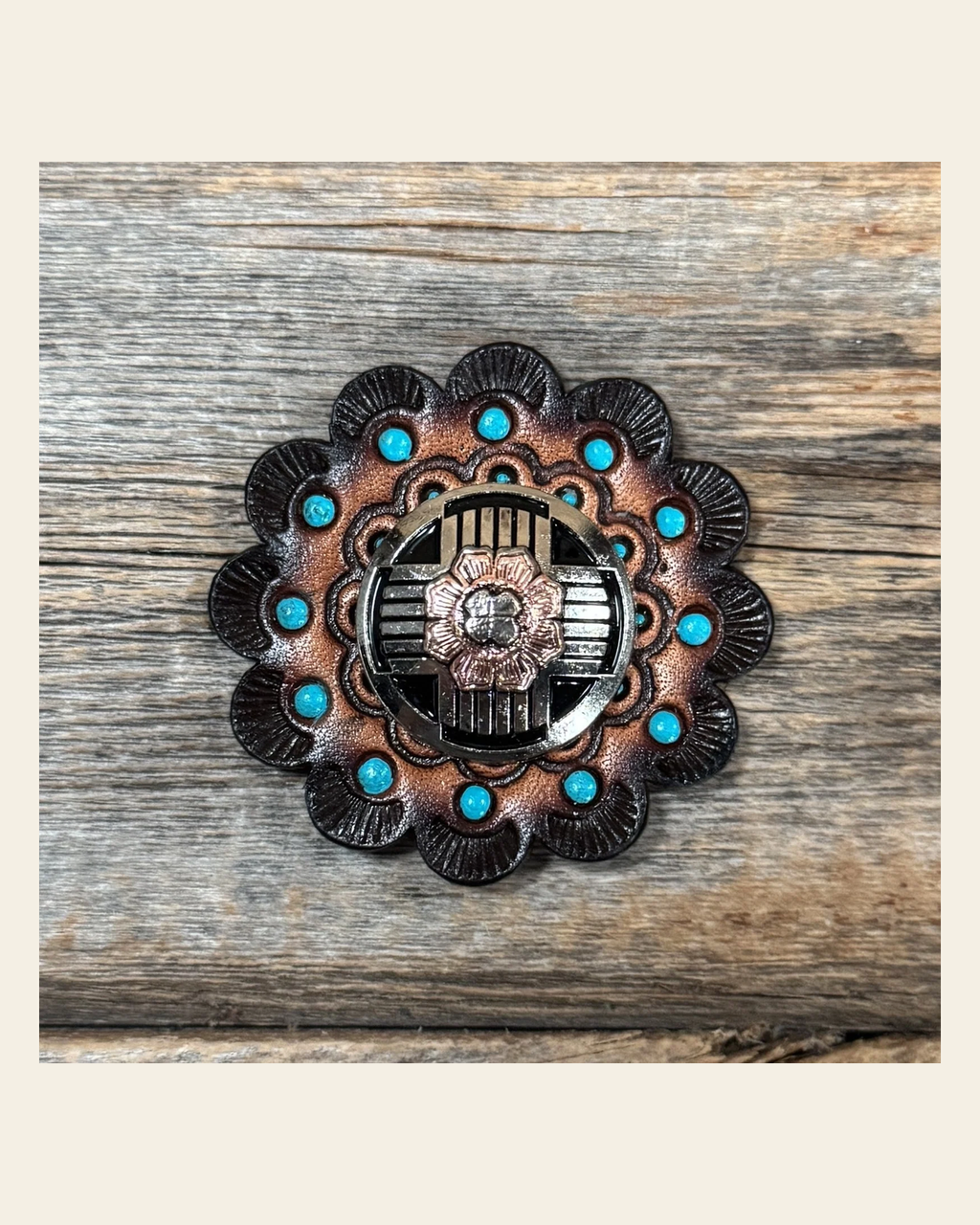 Leather Rosette Dark Oil Edges with Antique Silver and Copper Flower Western Concho R112W217S on a warm cream background
