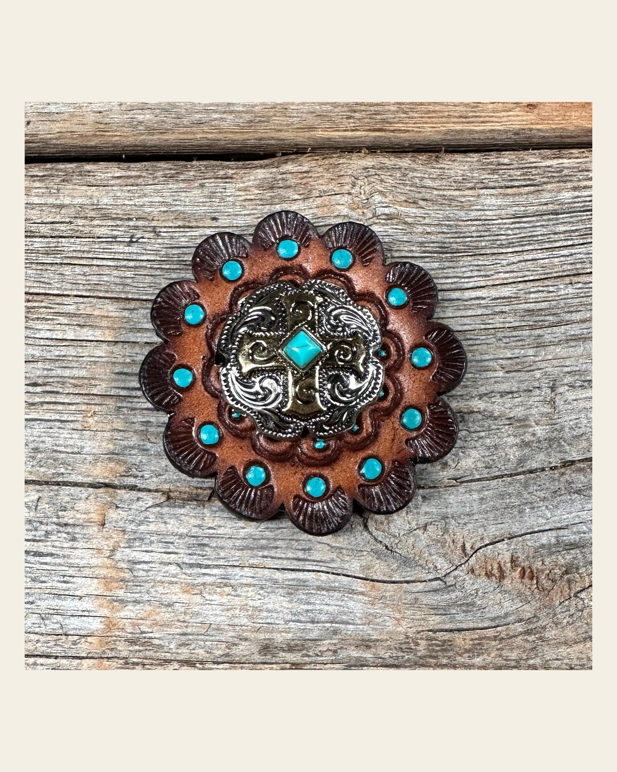 Leather Rosette Dark Oil Edges with Antique Silver and Gold cross Western Concho R112W189S on a warm cream background