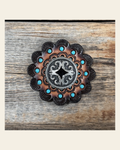 Leather Rosette Dark Oil Edges with Black Diamond Antique Silver Western Concho R112W213S on a warm cream background