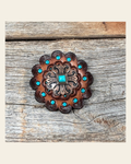 Leather Rosette Dark Oil Edges with Copper Fleur-De-Lis Western Concho R112W141S on a warm cream background
