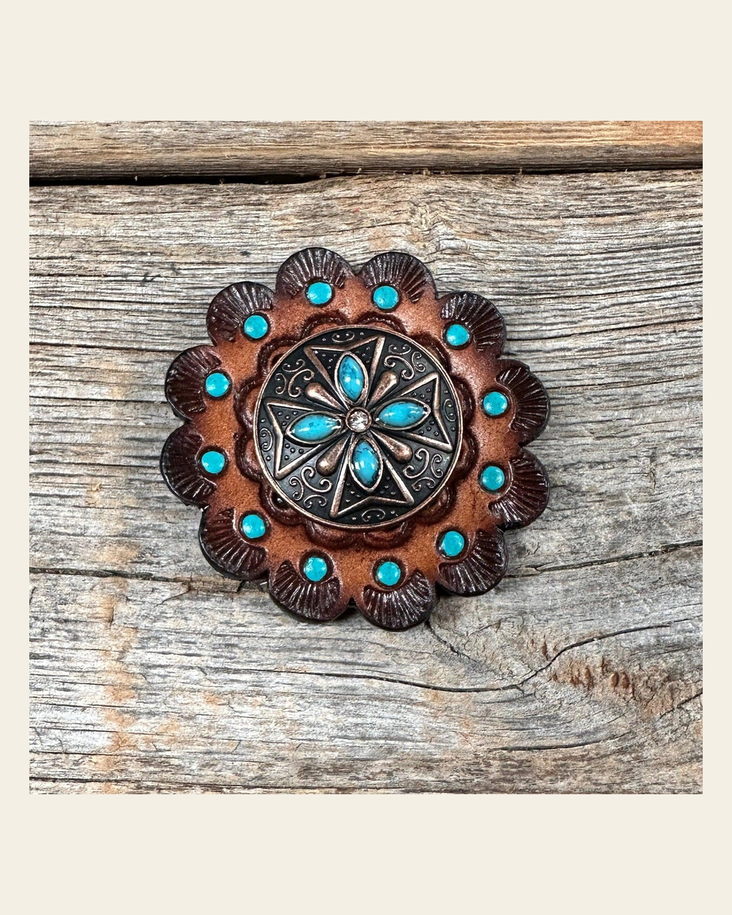 Leather Rosette Dark Oil Edges with Copper Turquoise Western Concho R112W138S on a warm cream background
