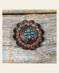 Leather Rosette Dark Oil Edges with Copper Turquoise Western Concho R112W138S on a warm cream background