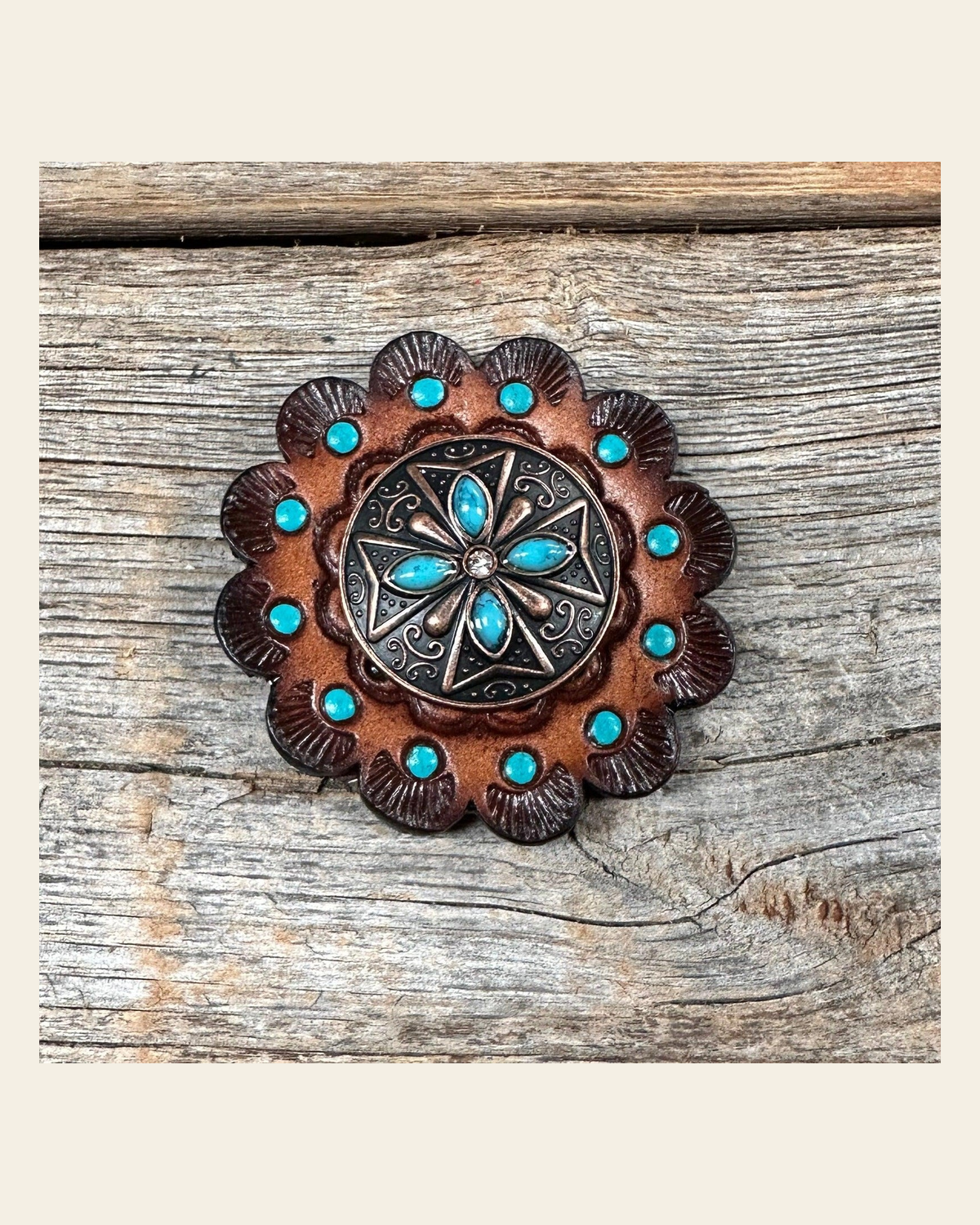 Leather Rosette Dark Oil Edges with Copper Turquoise Western Concho R112W138S on a warm cream background