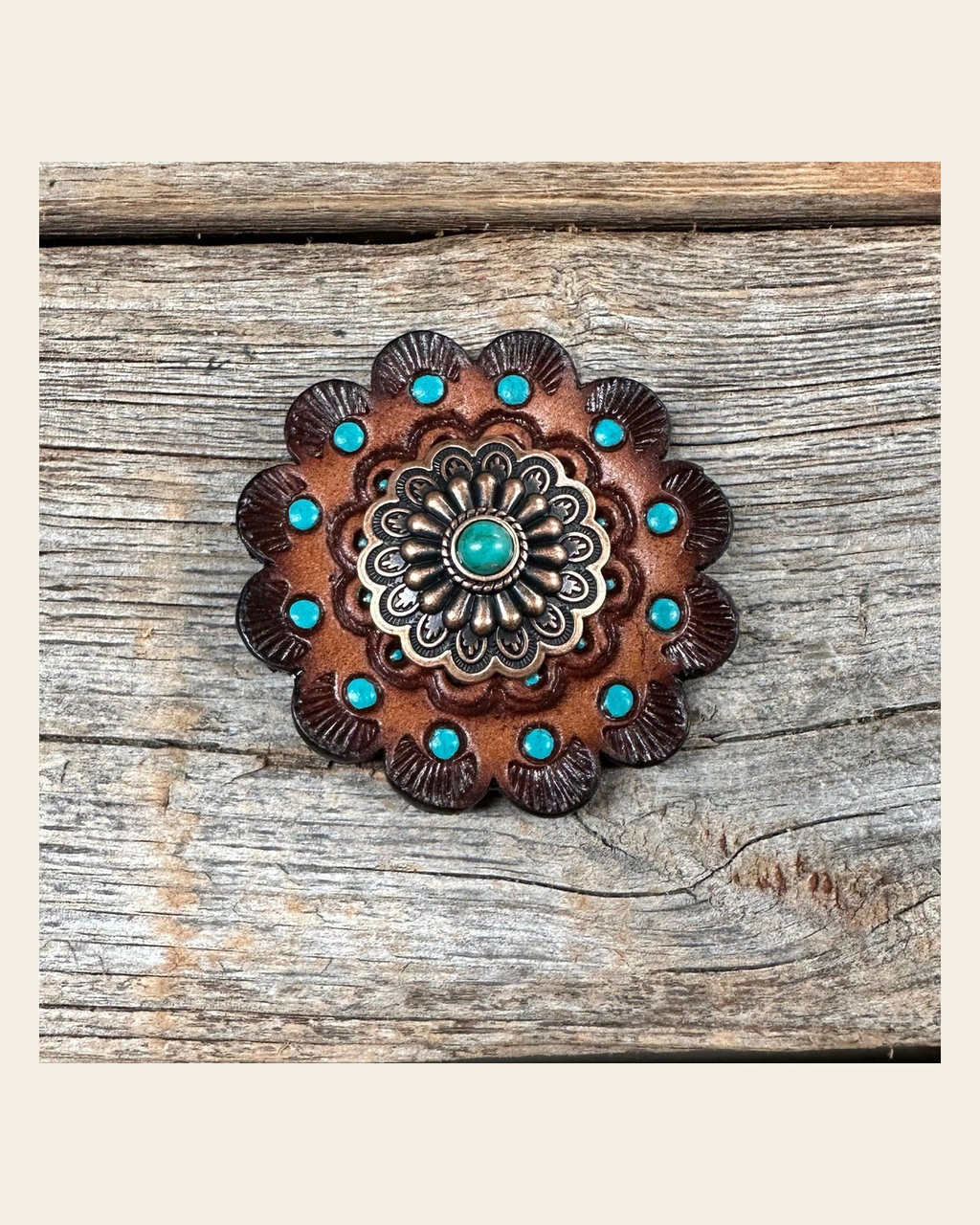 Leather Rosette Dark Oil Edges with Floral Western Concho R112W103S on a warm cream background