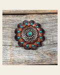 Leather Rosette Dark Oil Edges with Floral Western Concho R112W103S on a warm cream background