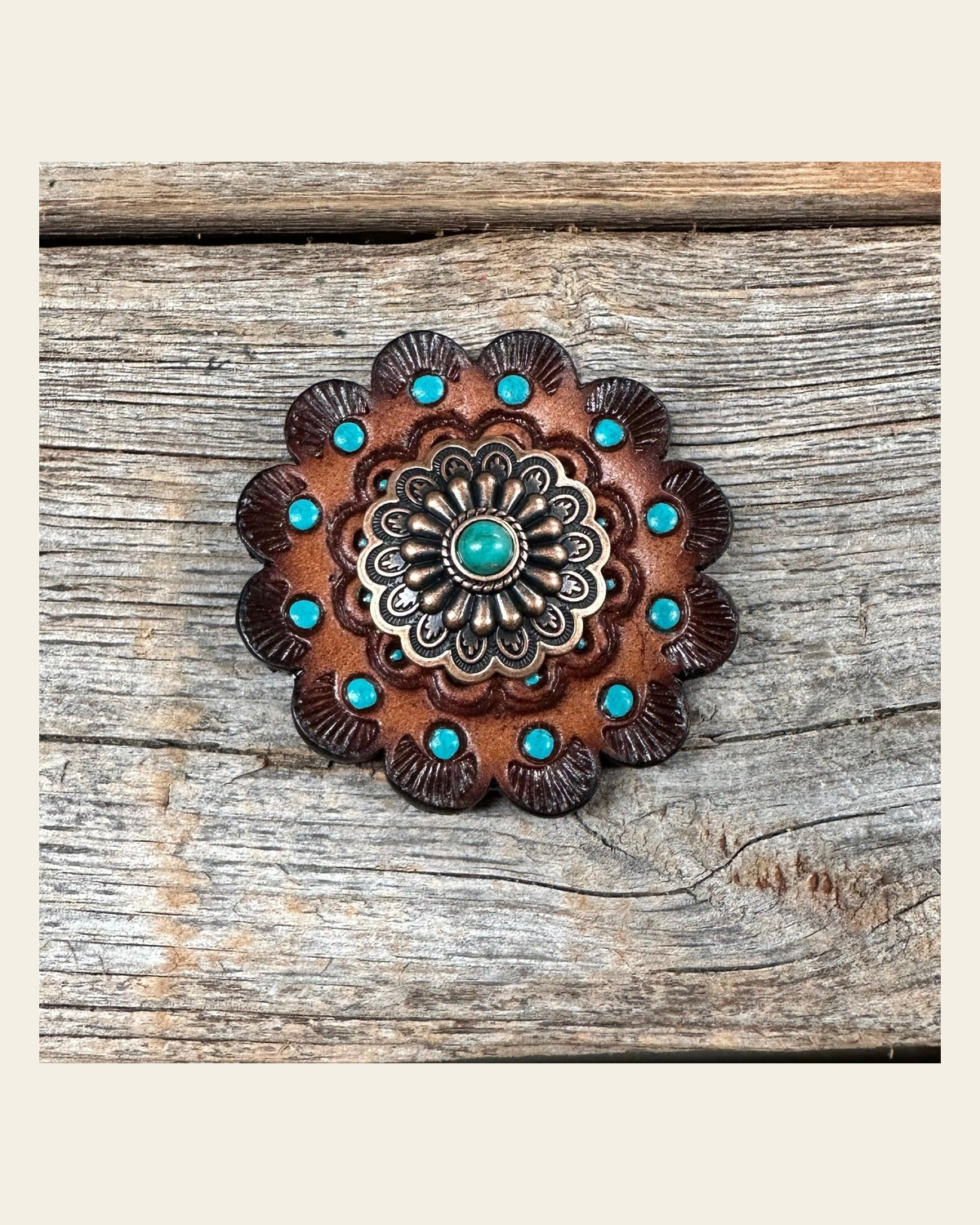 Leather Rosette Dark Oil Edges with Floral Western Concho R112W103S on a warm cream background
