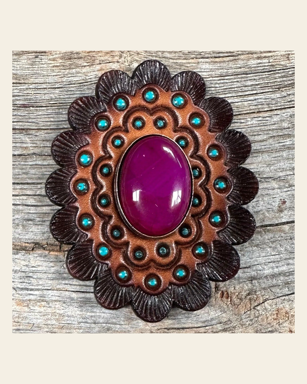 Leather Rosette Dark Oil Edges with Fuchsia Cabochon Western Concho R104CABFU on a warm cream background