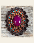 Leather Rosette Dark Oil Edges with Fuchsia Cabochon Western Concho R104CABFU on a warm cream background