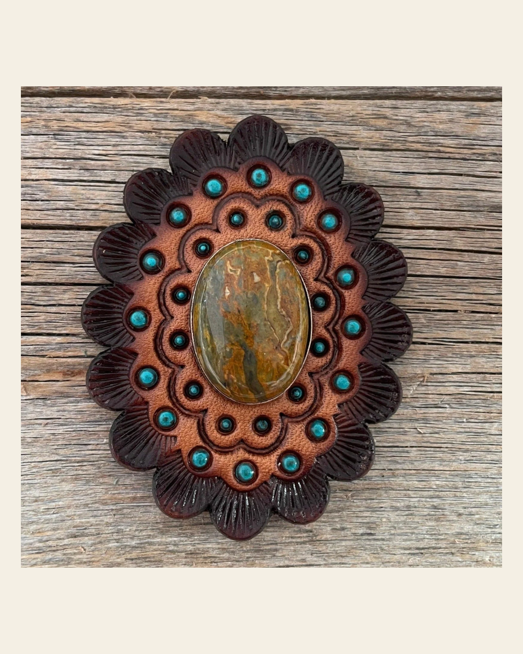 Leather Rosette Dark Oil Edges with Sage Cabochon Western Concho R104CABSG on a warm cream background