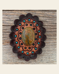 Leather Rosette Dark Oil Edges with Sage Cabochon Western Concho R104CABSG on a warm cream background