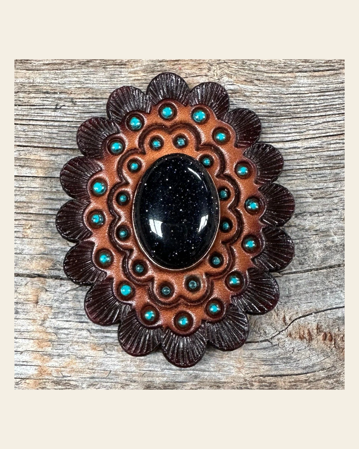 Leather Rosette Dark Oil Edges with Lapis Cabochon Western Concho R104CABLA on a warm cream background