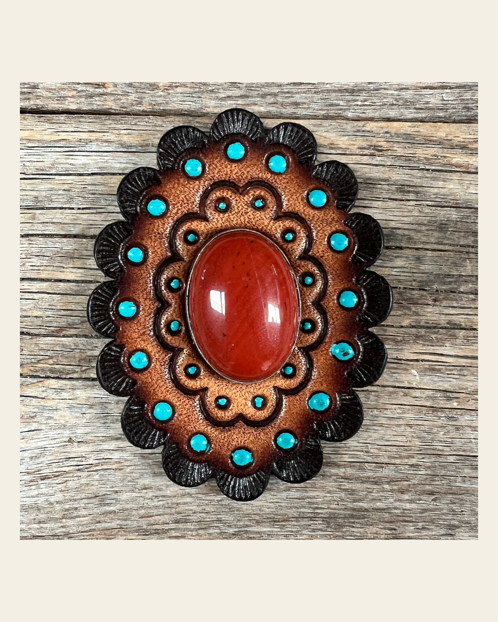 Leather Rosette Dark Oil Edges with Rust Cabochon Western Concho R104CABRU on a warm cream background
