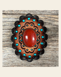 Leather Rosette Dark Oil Edges with Rust Cabochon Western Concho R104CABRU on a warm cream background