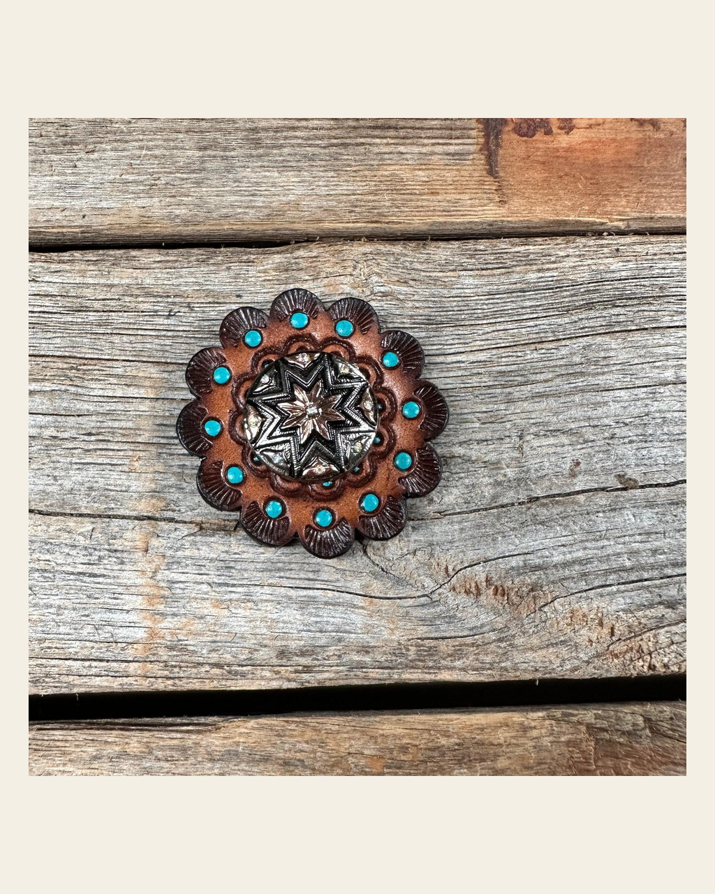 Leather Rosette Dark Oil Edges with Starburst Western Concho R112W185S on a warm cream background