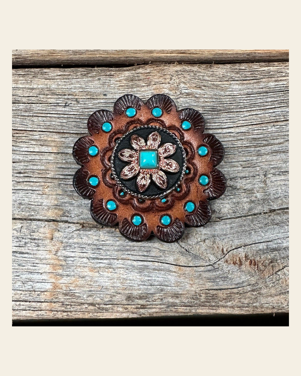 Leather Rosette Dark Oil Edges with Sunflower Western Concho R112W188S on a warm cream background