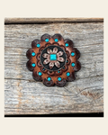 Leather Rosette Dark Oil Edges with Sunflower Western Concho R112W188S on a warm cream background