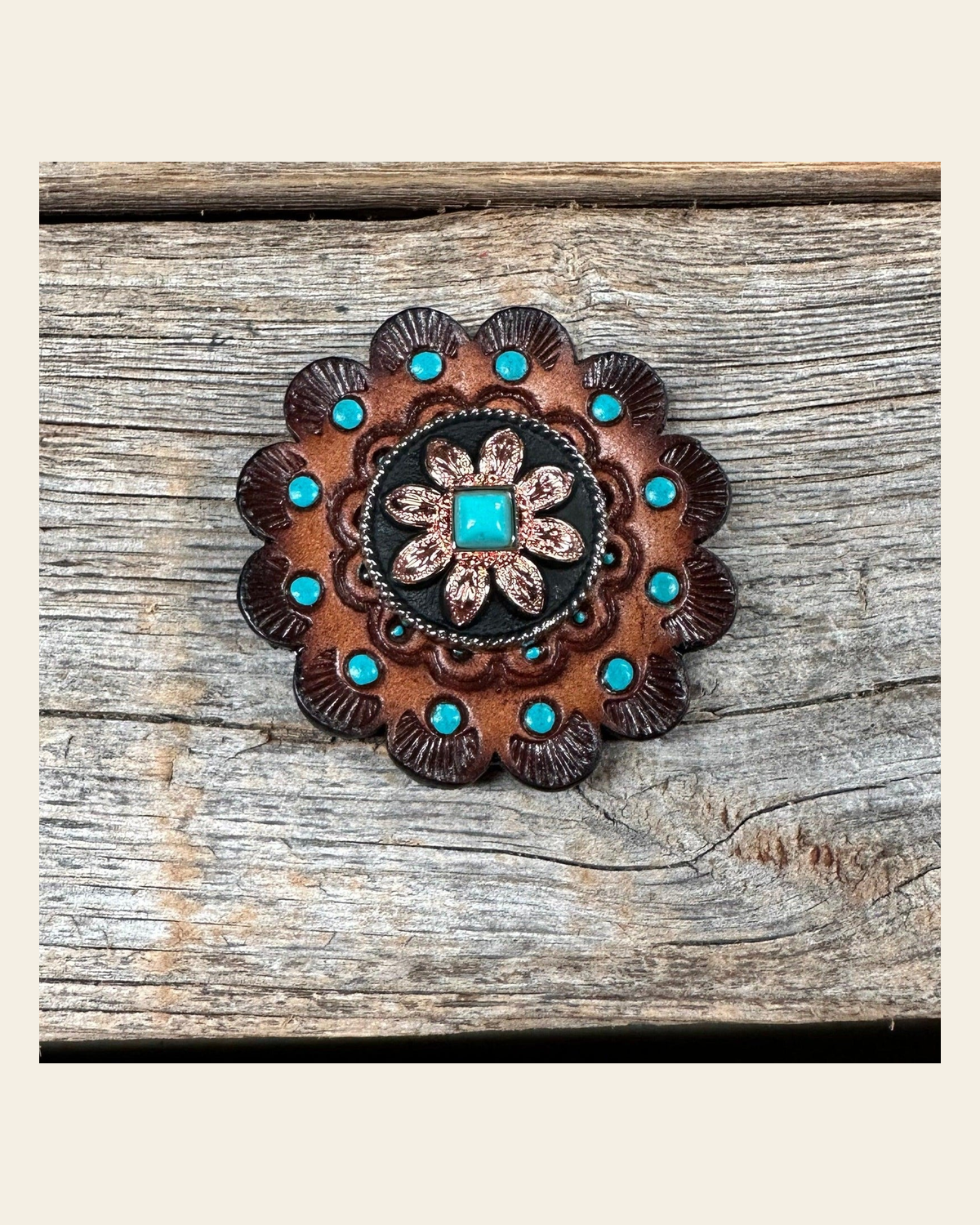 Leather Rosette Dark Oil Edges with Sunflower Western Concho R112W188S on a warm cream background