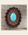 Leather Rosette Dark Oil Edges with Turquoise Cabochon Western Concho R104CABTQ on a warm cream background
