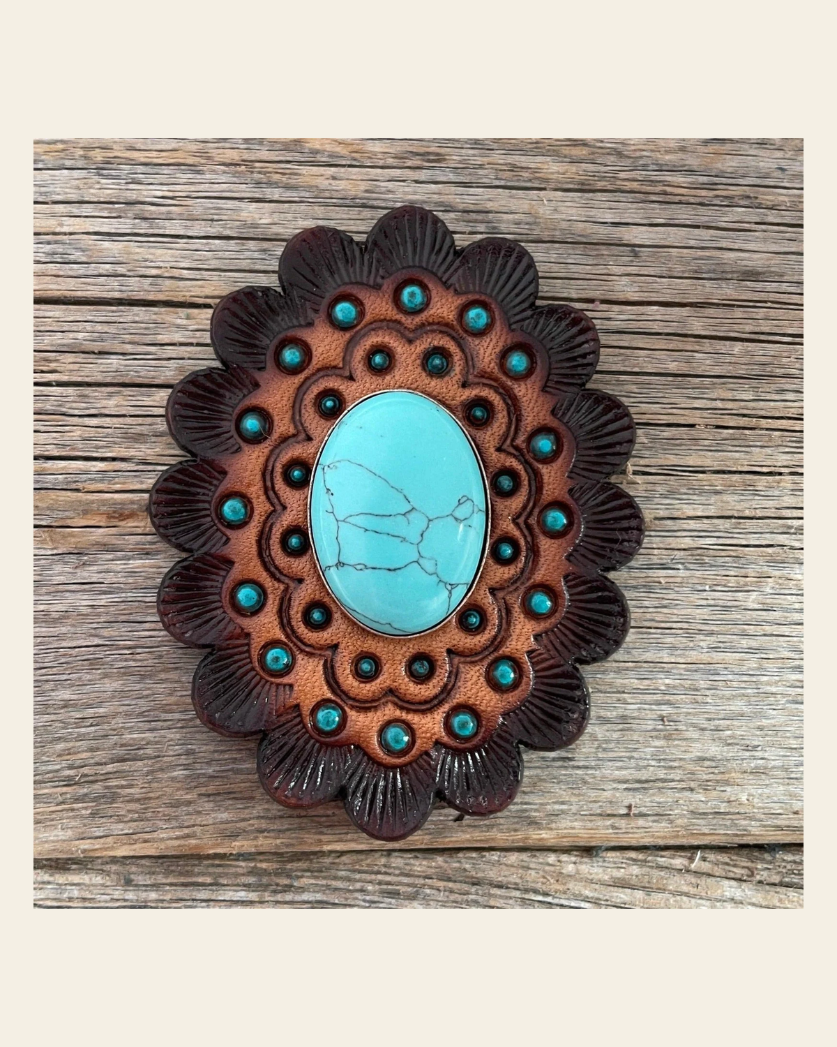 Leather Rosette Dark Oil Edges with Turquoise Cabochon Western Concho R104CABTQ on a warm cream background