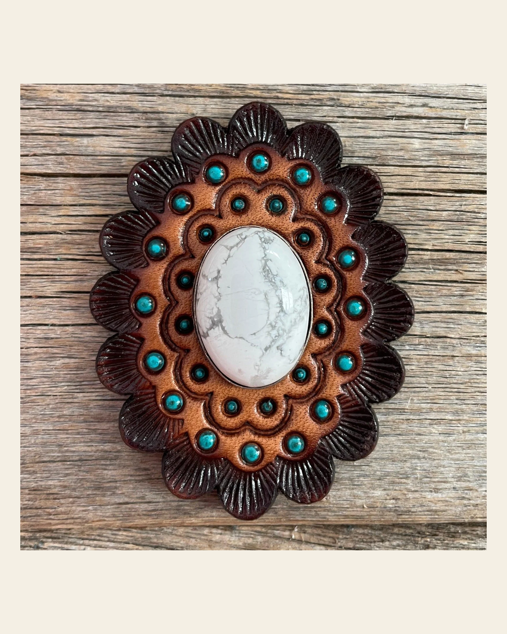 Leather Rosette Dark Oil Edges with White Cabochon Western Concho R104CABWT on a warm cream background