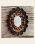 Leather Rosette Dark Oil Edges with White Cabochon Western Concho R104CABWT on a warm cream background
